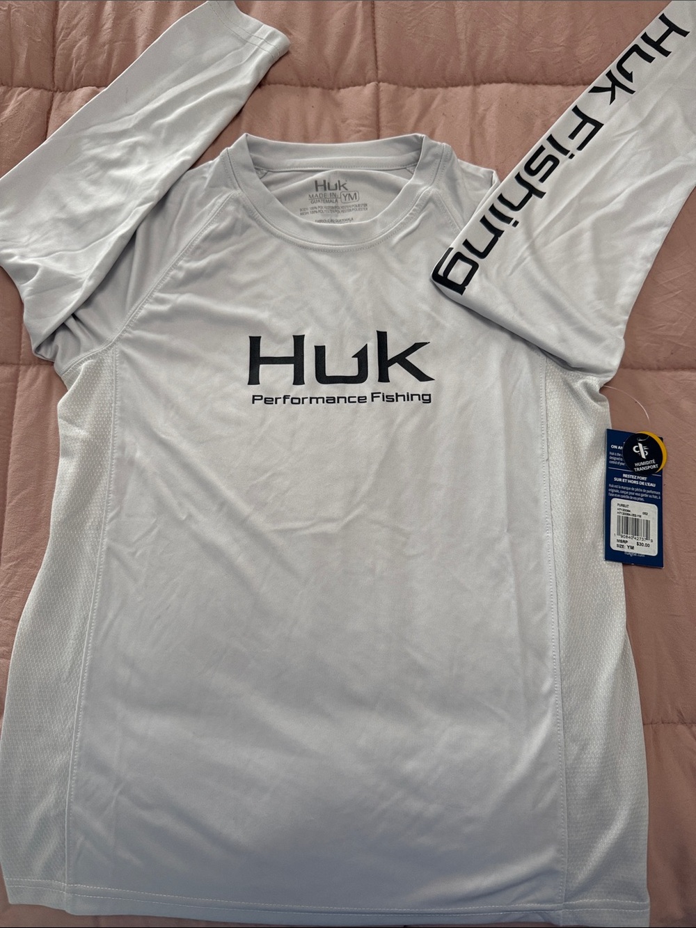Huk White Performance Fishing Long Sleeve Shirt with Black Logo-UnisexYouth Med